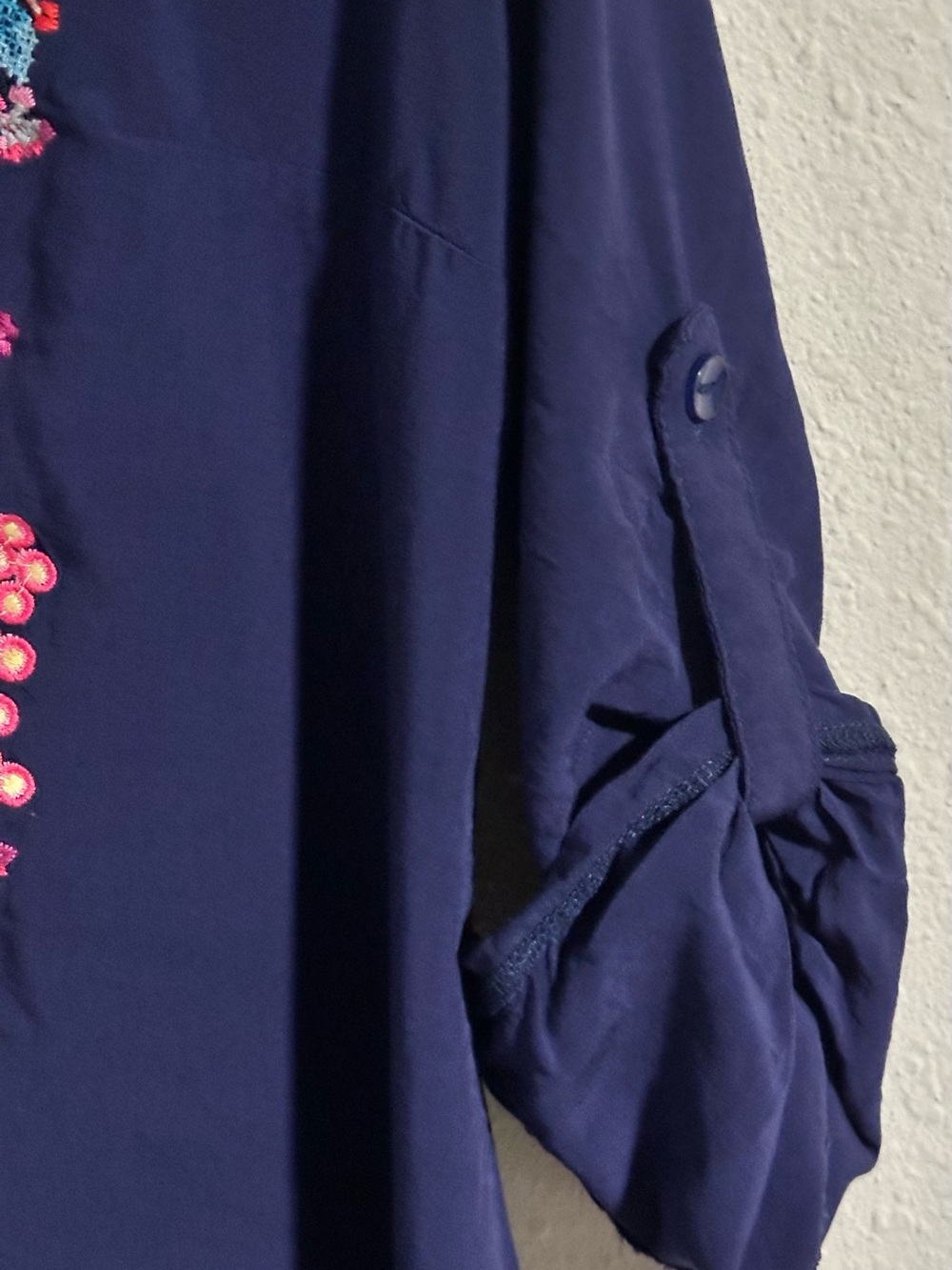 Navy Embroidered V-Neck Tunic with Multicolored Floral Detail - Picture 5 of 9